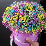 Букет в шляпной коробке с радужной гипсофилой