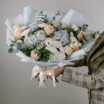 Букет авторский из 3 голубых гортензий и розовых роз размера XL — изображение 2